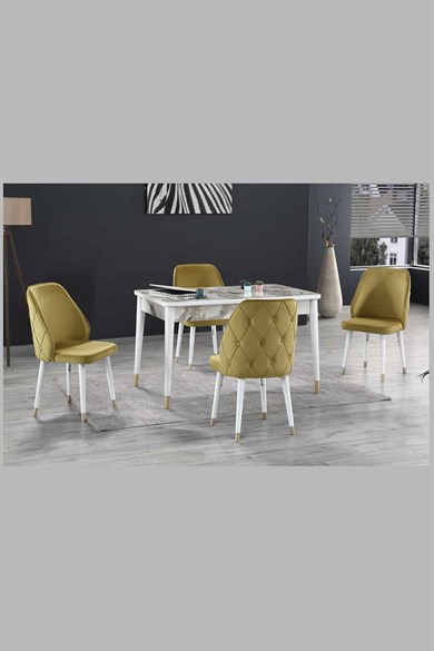 Masalar  Beyaz Mermer Görünümlü Lam Masa Tablası Beyaz / Gold Ayak Masa Sandalye Takımı 